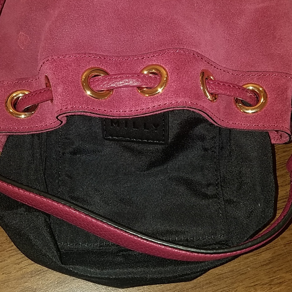MILLY BURGUNDY TASSEL FRINGE MINI SUEDE BUCKET BAG - Picture 8 of 8